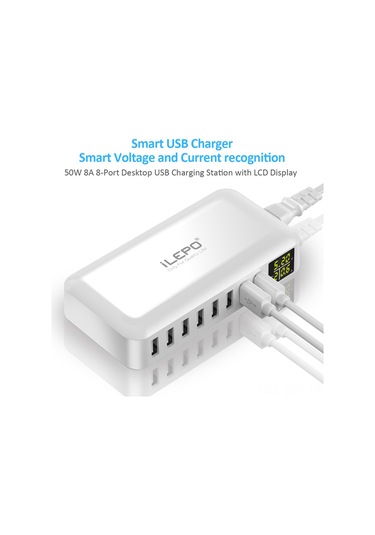 Springsun 8 Portlu Usb Şarj Aleti 40w 8a - Lcd Ekranlı Akıllı Hızlı Şarj - 1.2m Kablolu - Küçük Avrupa Standartı