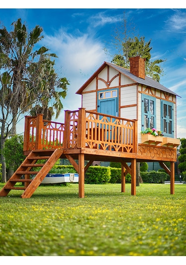 Mandu Ahşap Yerden Yüksek Ağaç Oyun Evi Çok Renkli