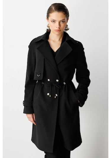 Ekol Kadın Beli Bağcıklı Apoletli Kaban 6037 Siyah Siyah