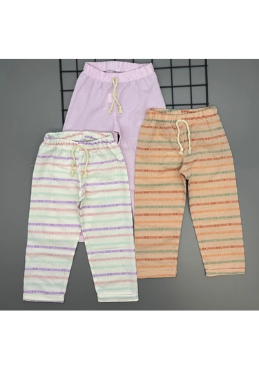 Kız Çocuk Desenli 3 Lü Paket Gündelik Rahat Pantolon Seti 2-7 Yaş Ekru-somon-a.pembe