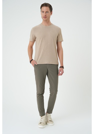 Comfort Fit Bisiklet Yaka Kabartma Desenli Casual Bej Tişört Ts 899 Bej