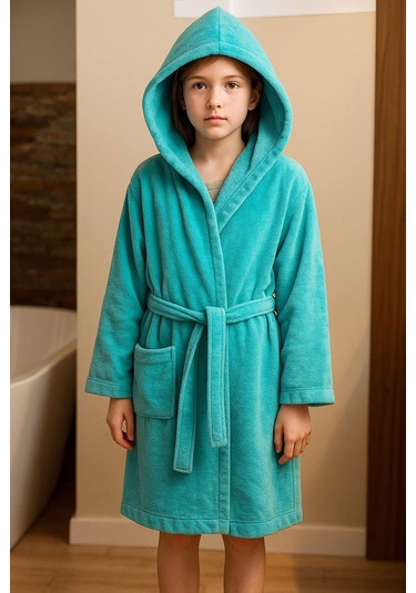 Genç Kız / Erkek Çocuk Kapşonlu Garson Boy Kadife Bornoz %100 Pamuklu Turkuaz