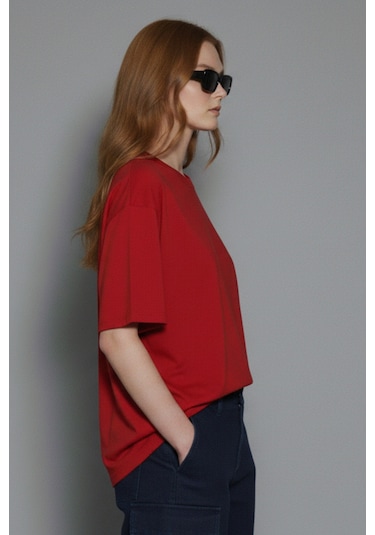 Soft&Basic Kadın 2'li %100 Organik Pamuk Oversize Fit Basic Yuvarlak Yaka T-shirt Bordo-beyaz