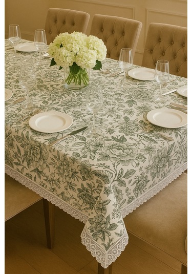 Çiçek Desenli Yeşil Masa Örtüsü Dertsiz Silinebilir Şık Sofra Bezi Lüks Çeyizlik Kaliteli Kumaş Yeşil