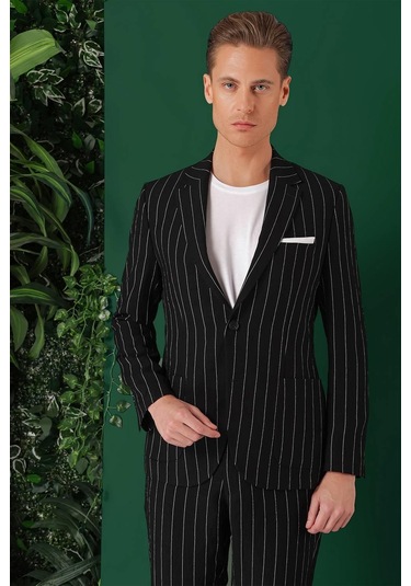 Comfort Fit Çift Yırtmaç İtalyan Çizgili Keten Casual Siyah Ceket C 671 Siyah