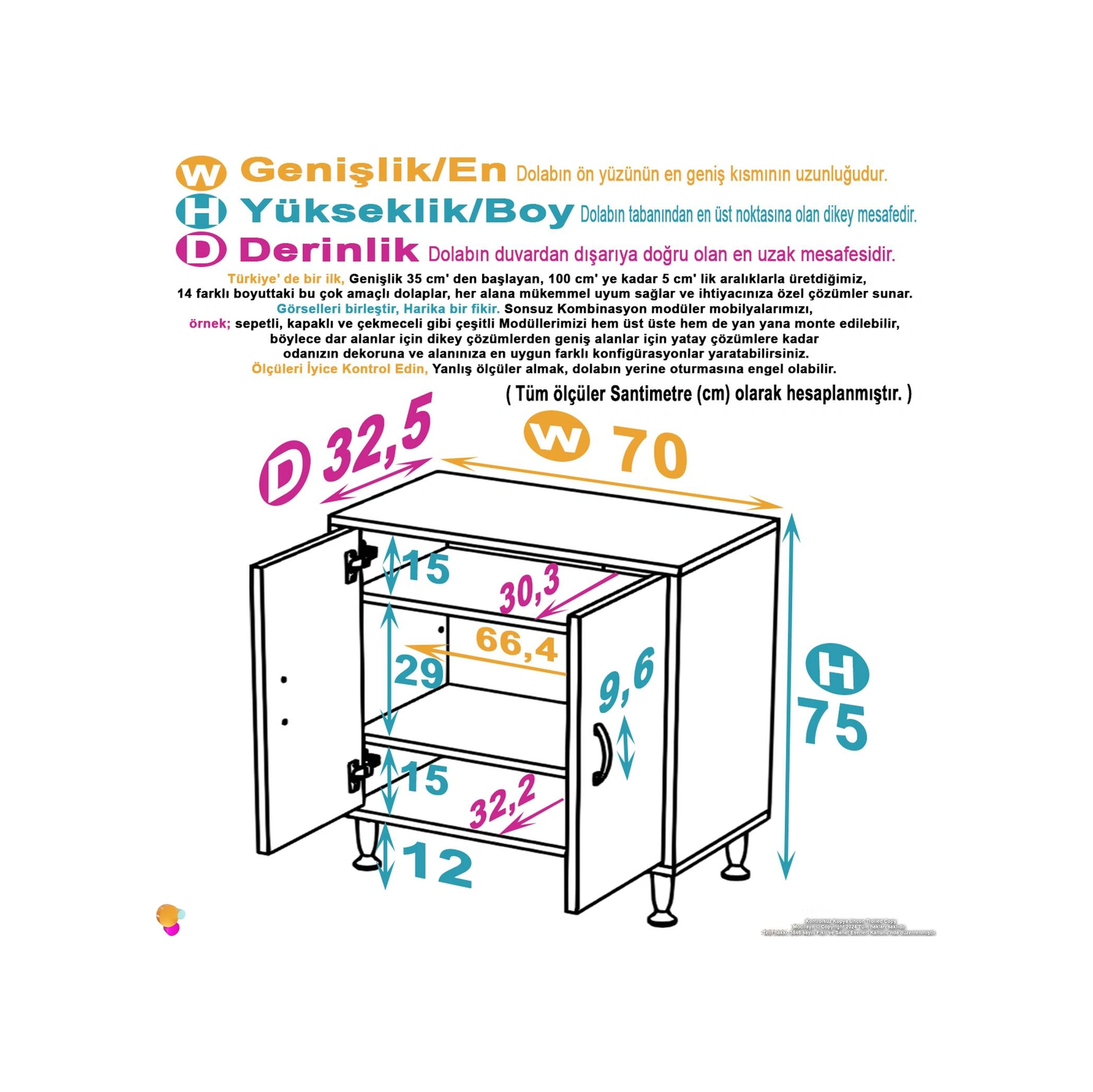 Efil Dolap Dar Alanlar İçin Çok Amaçlı Dolap 2 Kapaklı 3 Göz Raf Dolap 70x75x32,5 Cm Beyaz