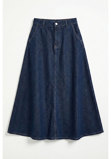 Itsbasic Kadın İndigo Renk 7w5-50 A Tipi Çan Kesim Maxi Boy %100 Koton Denim Etek