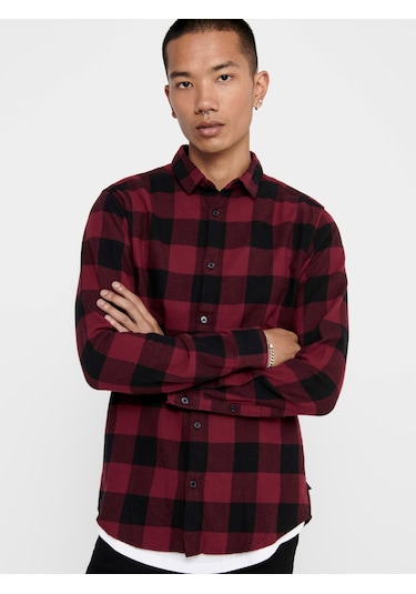 Only & Sons Erkek Kareli Uzun Kollu Gömlek 22007112 Bordo
