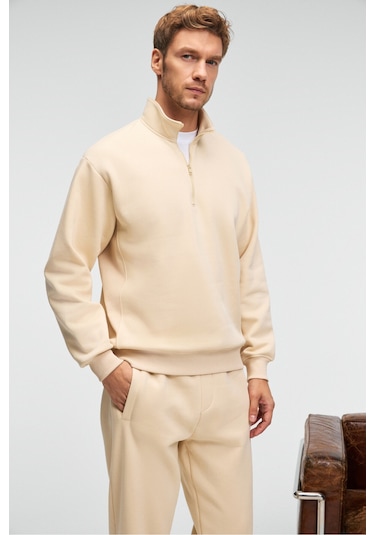 BAXTER Erkek Dik Yakalı Fermuarlı Relaxed Vanilya Sweatshirt