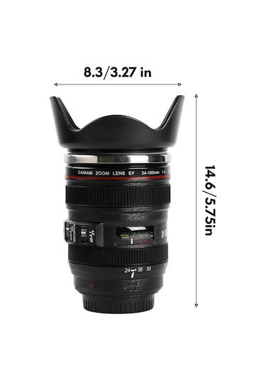 Honmex Kamera Lens Tasarım 400ml Paslanmaz Çelik Termos Bardak, Düşük Sızıntı, Kahve/çay İçin, Siyah Siyah