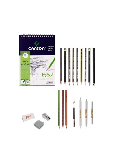 Canson 1557 Eskiz Defterli 8 Karakalem Ve Kuruboya Kalemi Çizim Eskiz Seti Kömür Kalem Uzatma