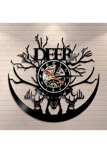 Primepickings Müzik Vinil Kayıt Duvar Saati -geyik Kafası Vinil Duvar Saati - Vinil Saat - Oturma Odası Duva A