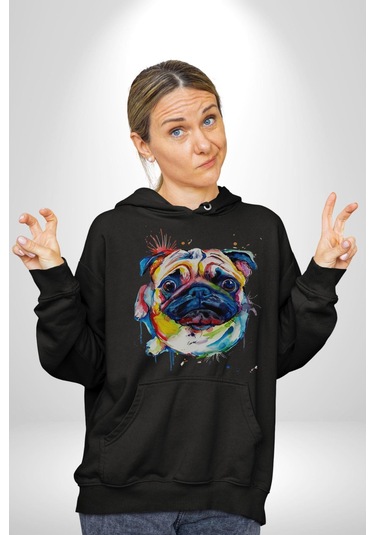Sulu Boya Pug Köpek Kadın Erkek Siyah Kapüşonlu Sweatshirt Hoodie Siyah