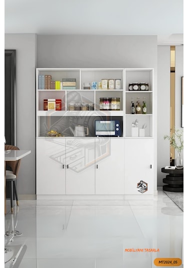 Tamamı Mdf Çok Amaçlı 4 Kapaklı Açık Raflı Kiler Dolabı Mutfak