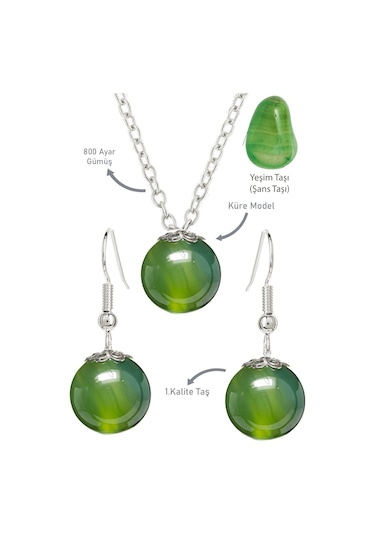 Sertifikalı Gerçek Küre Yeşim Taşı Kolye Ve Küpe Seti - Gümüş Aparatlı Çok Renkli
