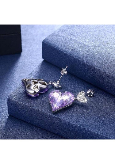 Kadınlar İçin 925 Ayar Gümüş Küpe Romantik Kalp Avusturyalı Kristal Saplama Küpe Yıldönümü Hediyeler Basit Güzel Takı Saplama Küpe Mor Altın - Gümüş