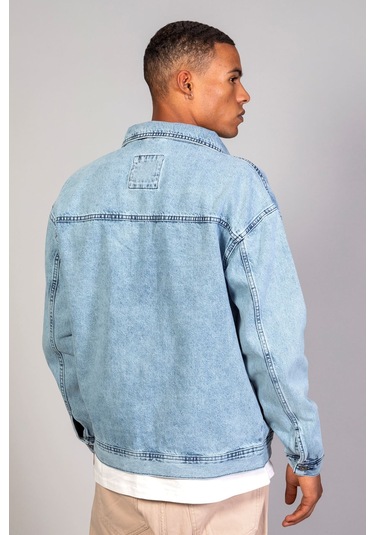 Erkek Buz Mavisi Körüklü Cep Oversize Kot Ceket Buz Mavi