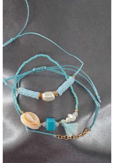 3lü Deniz Kabuğu İncili Boncuklu Püsküllü Asansörlü Lastikli İp Bileklik. Kadın İp Bileklik Halhal Çok Renkli