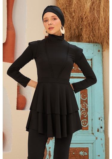 Full Likralı Tam Kapalı Tesettür Mayo Deniz Mayosu Fırfır Detaylı Lt23-01 Siyah Siyah
