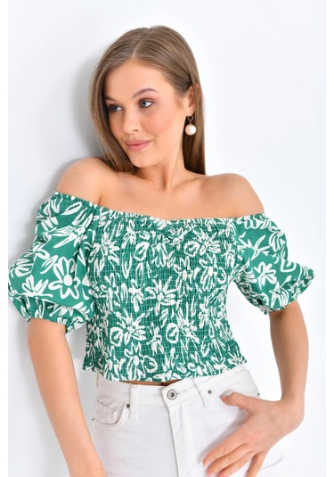Kadın Çiçek Desenli Gipe Detay Balon Kol Crop Bluz Yeşil