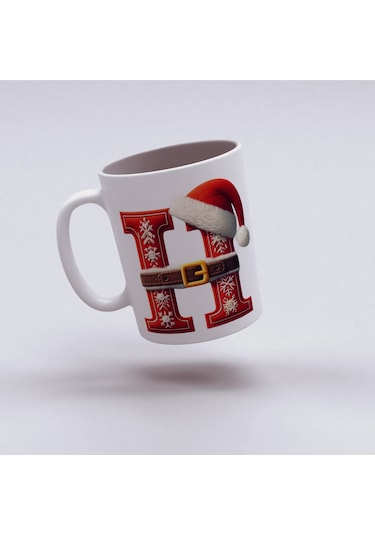 H Harfi Yılbaşı Temalı Bardak 330 Ml Harfli Kişiye Özel Hediye - Yeniyıl / Noel Şapka Tasarım Beyaz
