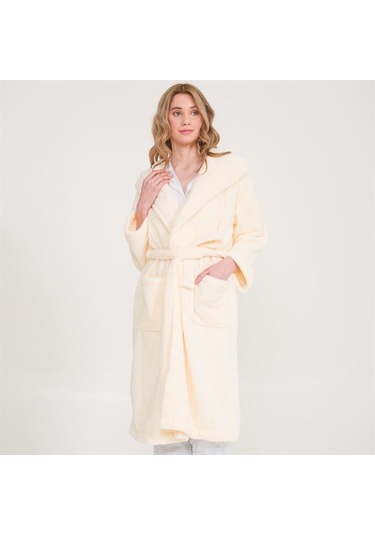 Uzun Welsoft Kapüşonlu Kadın Sabahlık Ekru