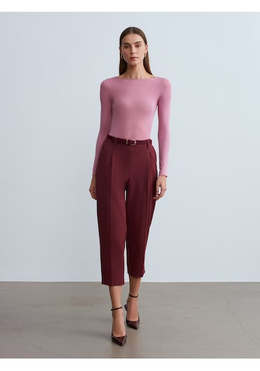 Dilvin 72166 Kemerli Kısa Paça Kumaş Pantolon-bordo Bordo