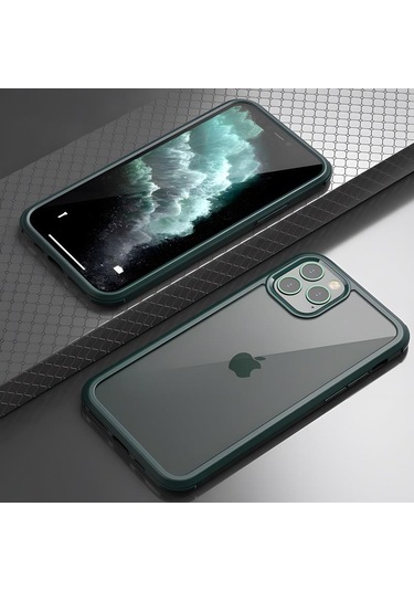 Apple Uyumlu iPhone 11 Pro Max Kılıf Dor Silikon Temperli Cam Kapak Koyu Yeşil