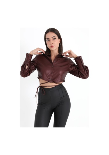 İçi Kadife Bağcıklı Kadın Kısa Deri Gömlek - Bordo-bordo Bordo