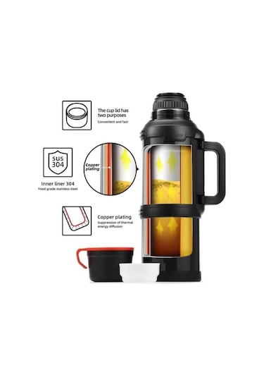 Paslanmaz Çelik 3,2 Litre Termos Haki Renk 48 Saat Sıcak 72 Saat Soğuk Kamp Piknik Seyahatte Metalik