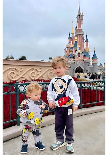 Unisex Çocuk Mickey Mouse Baskılı Gri 3 İplik Şardonsuz Kışlık Sweat Ve Eşofman Alt Üst Takım Gri