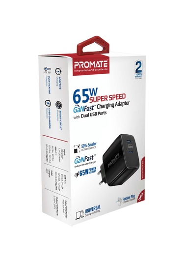 Promate PowerPort-65 GaNFast 65W Süper Hızlı Type-C PD Şarj Cihazı, Tablet, Akıllı Telefon, Notebook Uyumlu