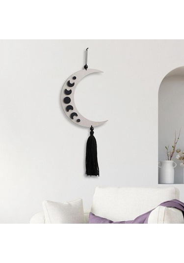 Homyl Püsküllü Siyah Göksel Evre Ahşap Duvar Sanatı Hilal