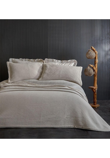 Evlen Home %100 Pamuk Çift Kişilik Özel Taş Yıkama Yatak Örtüsü Lüks Yumuşak Dayanıklı Modern Vitali Bej