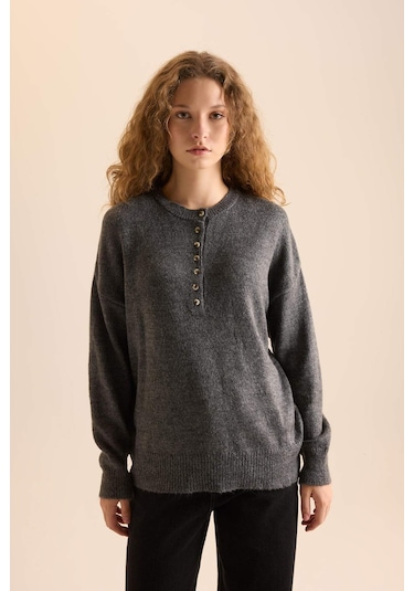 DeFacto Oversize Geniş Kalıp Düğmeli Yaka Triko Kazak D4913AXNSAR15 Antrasit