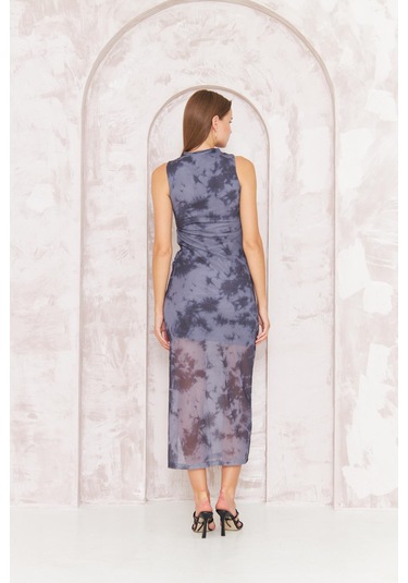 Kadın Antrasit Dik Yaka Kolsuz Tül Elbise Dm1042 Antrasit