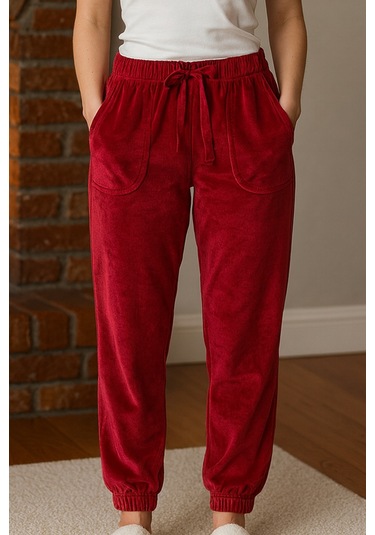 Kadın Paçası Lastikli Cep Detaylı Kadife Kumaş Tek Alt 503 Bordo Bordo