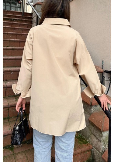 Kadın Bej Terikoton Kumaş, Yırtmaçlı, Rahat Uzun Gömlek Bej