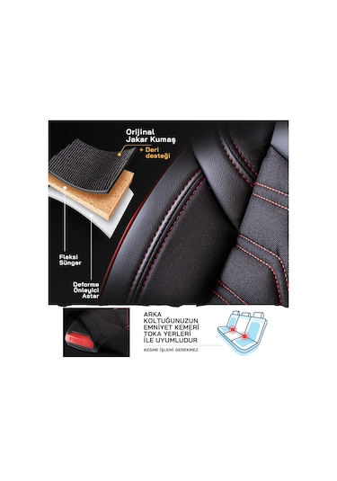 Panda Berlin Serisi Jakar Kumaş Oto Koltuk Kılıfı - Siyah - Kırmızı