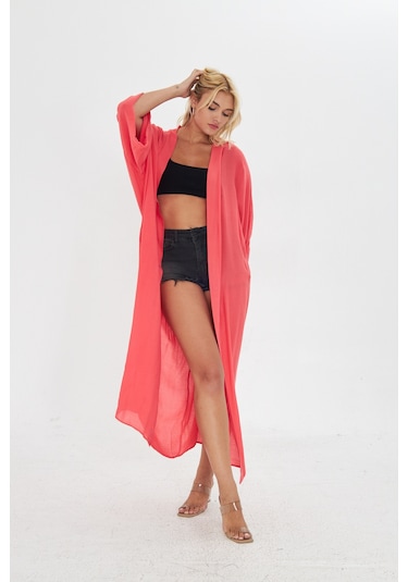 Kutaf Nar Çiçeği Uzun Kimona/ Beachwear Narçiçeği