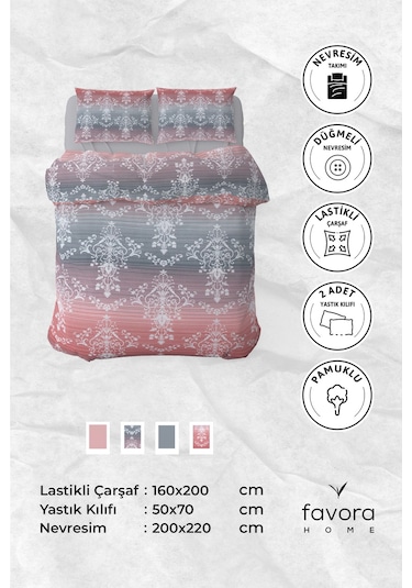 Nova Lastikli Çarşaflı Çift Kişilik Nevresim Takımı - Pembe Pembe