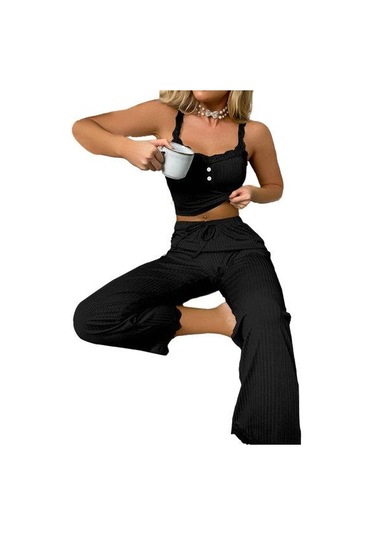 2 Adet/takım Pantolon Üst Takım Elbise Düşük Kesim V Yaka Kolsuz Düz Renk Büzgülü İpli Yüksek Elastik Bel Dantel Kadın Pijama Takımı Siyah 2 Adet/takım Pantolon Üst Takım Elbise Düşük Kesim V Yaka Kolsuz Düz Renk Büzgülü İpli Yüksek Elastik Bel Dantel Kadın Pijama Takımı Siyah