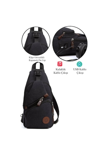 Newish Polo Erkek Kanvas Kumaş Usb Ve Kulaklık Çıkışlı Çapraz Göğüs Bel Ve Omuz Çantası New117 - Siyah