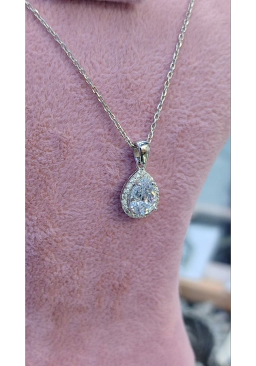 Modagümüşevi 925 Ayar Gümüş Pırlanta Tasarım Damla Kolye, Gümüş Kadın Kolye, Gümüş Kolye