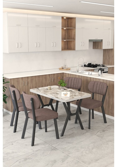 Gnr 70x110cm Sabit Efes Mutfak Masası Takımı, Yemek Masası, 4 Modern Kahverengi Sandalye Kahverengi