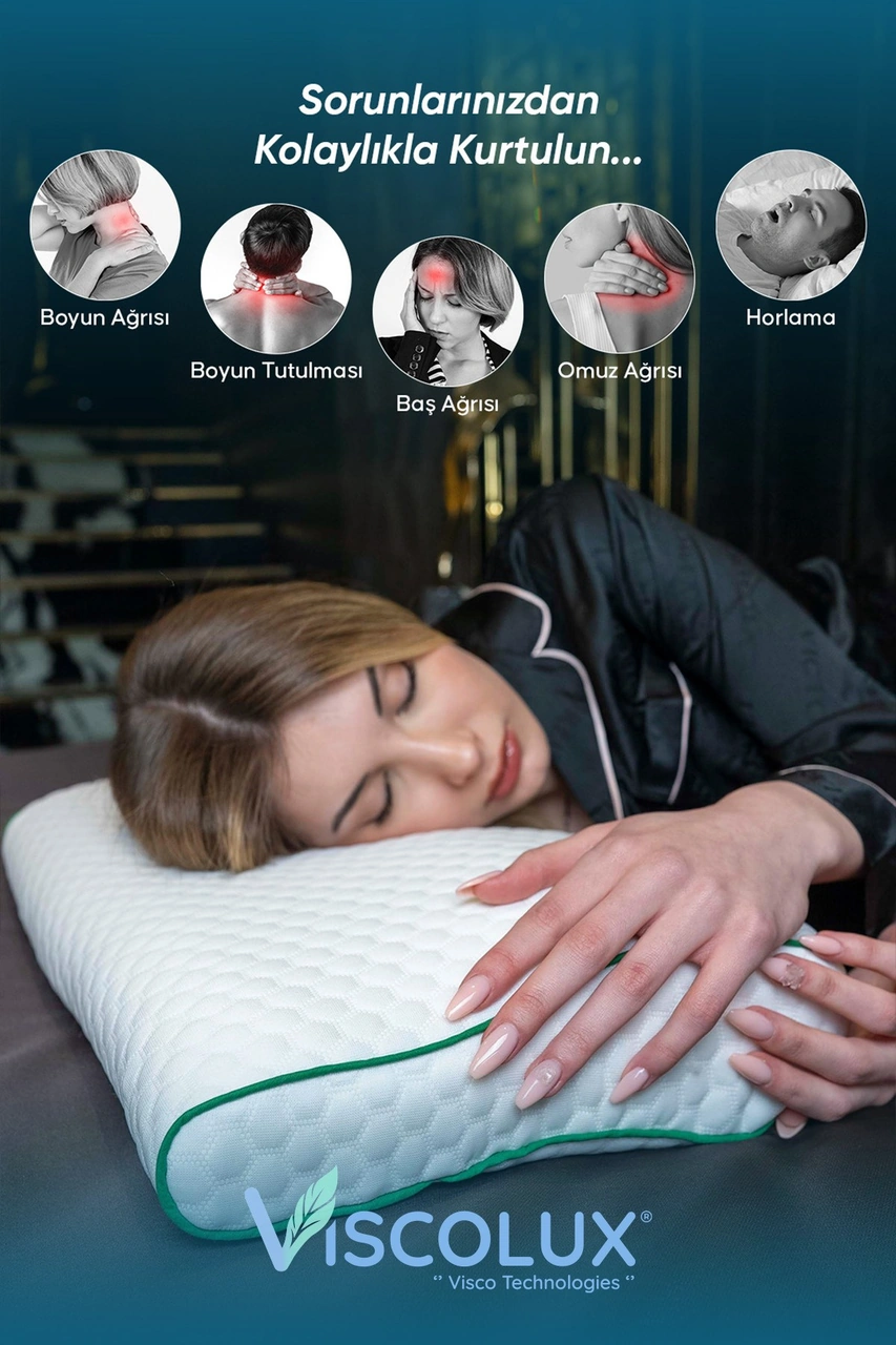 Servikal Boyun Destekli Ortopedik Yastık - Boyun Düzleşmesi Visco Yastık 56x34x10,5 Yeşil