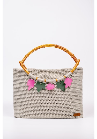 Fabric Craft Bag Gri Tığ Dokulu Bambu Saplı El Çantası Gri Gri