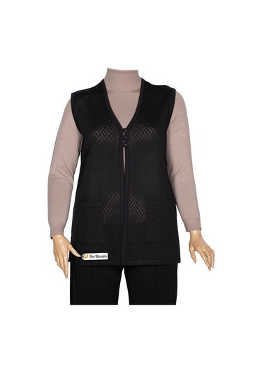 Hesna Kadın Yakut Triko Ajurlu Cepli Düğmeli Yırtmaçlı Siyah Yelek Siyah