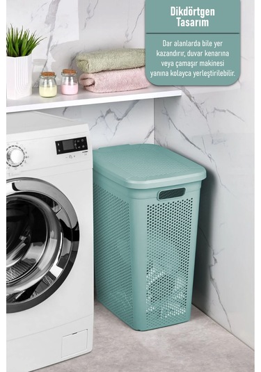 İronika Slim İki Bölmeli Kapaklı Dekoratif Kirli Çamaşır Sepeti 90 Litre Yeşil - Beyaz Yeşil