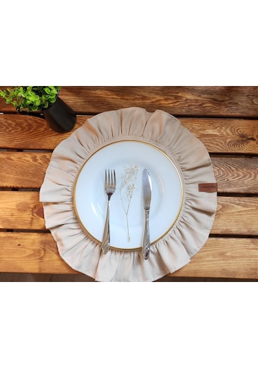 Lizbon Keten Yuvarlak Fırfırlı 2 Li Vintage Amerikan Servis Bej 40x40